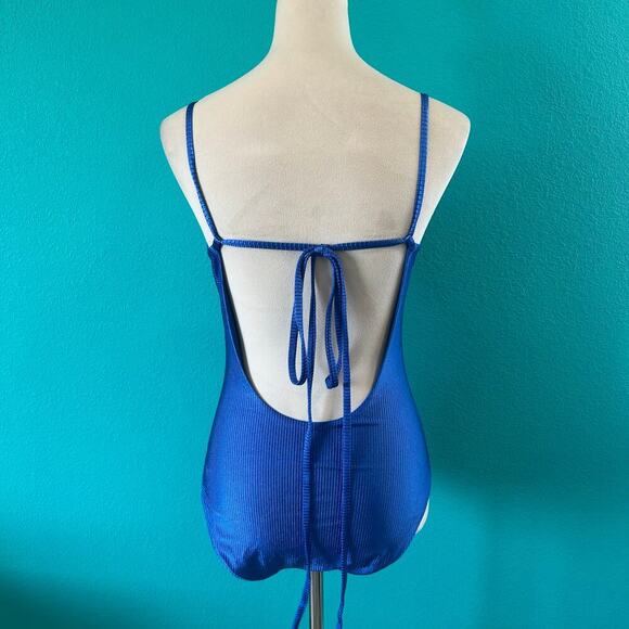 NWT Aerie Shine Rib Strappy Scoop Full Coverage One Piece Swimsuit Blue - Picture 5 of 7
